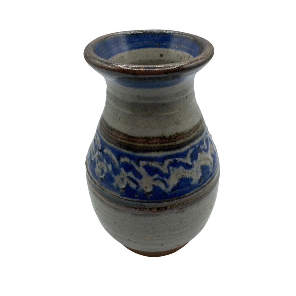 Bob Eckels Studio Art Pottery Vase Stoneware Handmade Vintage Gray Blue Brown